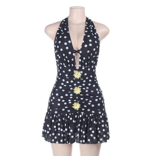 Polka dot halter ruched v neck self tie mini dress  | Festival Outfits Women