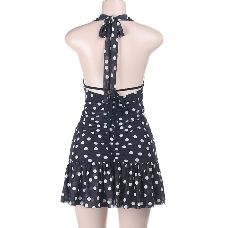 Polka dot halter ruched v neck self tie mini dress  | Festival Outfits Women