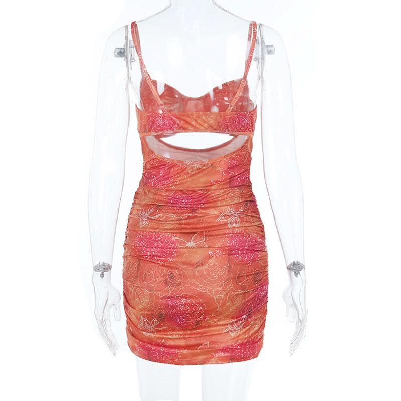Ruched hollow out v neck print cami cut out mini dress  | Festival Outfits Women