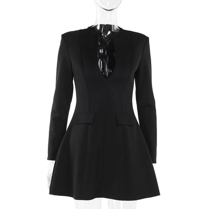 Long sleeve v neck zip-up solid mini dress  | Festival Outfits Women