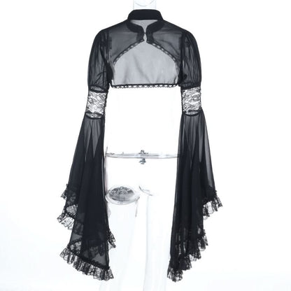 Long flared sleeve chiffon lace hem see through top  | Festival Outfits Women
