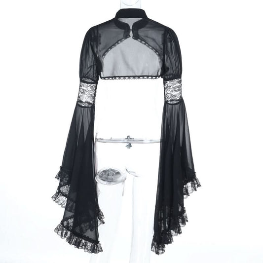 Long flared sleeve chiffon lace hem see through top  | Festival Outfits Women
