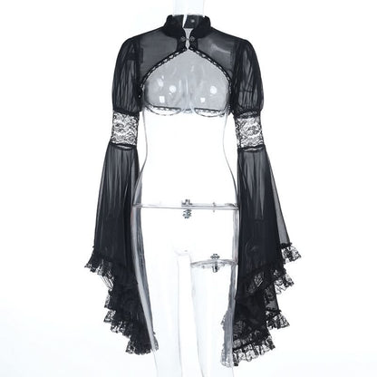 Long flared sleeve chiffon lace hem see through top  | Festival Outfits Women