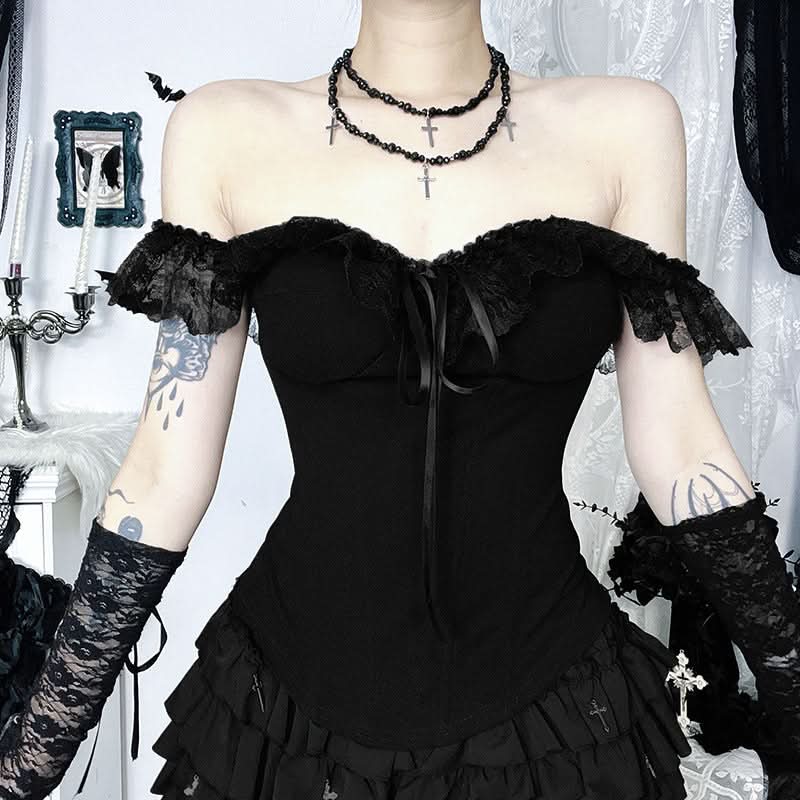 Lace hem off shoulder ribbon zip-up tube top  | Festival Outfits Women