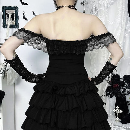 Lace hem off shoulder ribbon zip-up tube top  | Festival Outfits Women