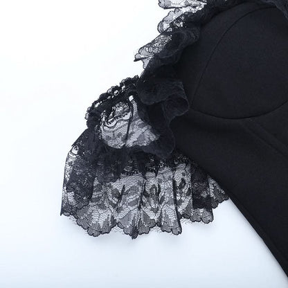 Lace hem off shoulder ribbon zip-up tube top  | Festival Outfits Women