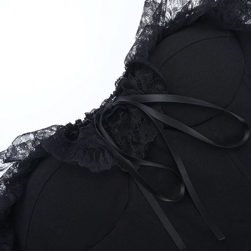 Lace hem off shoulder ribbon zip-up tube top  | Festival Outfits Women