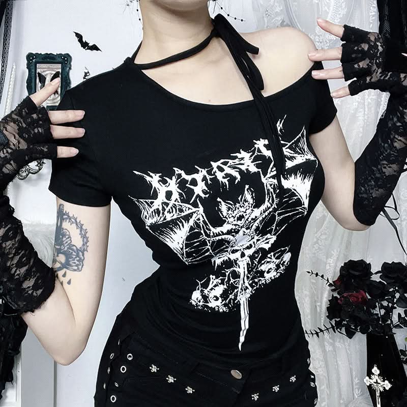 Short sleeve bat print irregular black top  | Festival Outfits Women