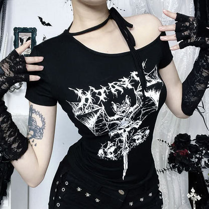 Short sleeve bat print irregular black top  | Festival Outfits Women