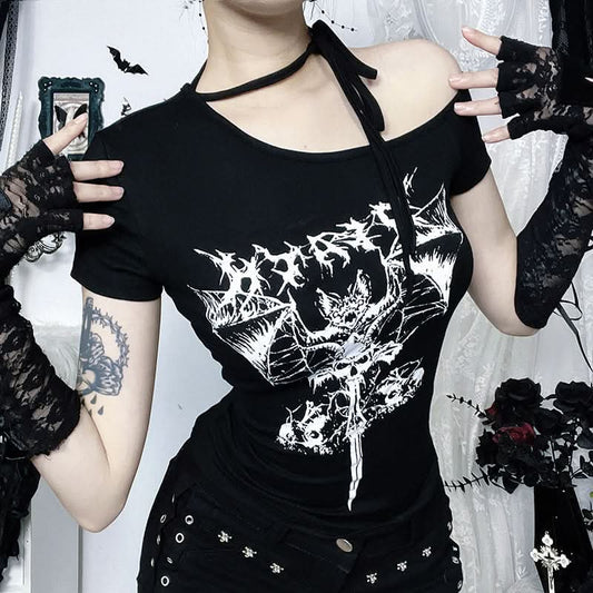 Short sleeve bat print irregular black top  | Festival Outfits Women