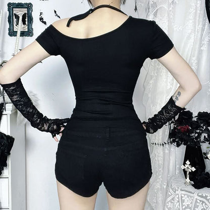Short sleeve bat print irregular black top  | Festival Outfits Women