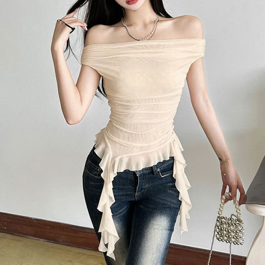 Off shoulder mesh irregular top  | Festival Outfits Women