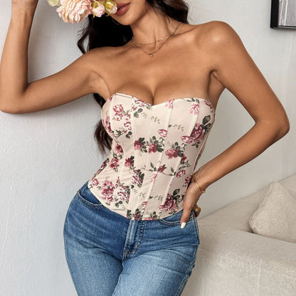 Sweetheart neck flower print corset tube top  | Festival Outfits Women
