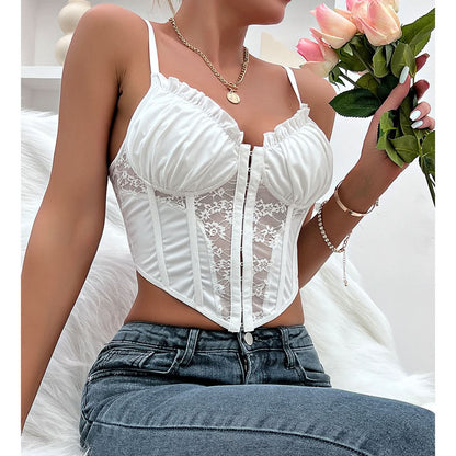 Ruffle corset ruched lace v neck cami top  | Festival Outfits Women