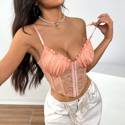 Ruffle corset ruched lace v neck cami top  | Festival Outfits Women
