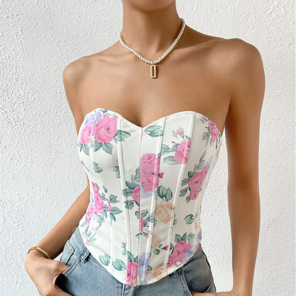 Sweetheart neck flower print corset tube top  | Festival Outfits Women