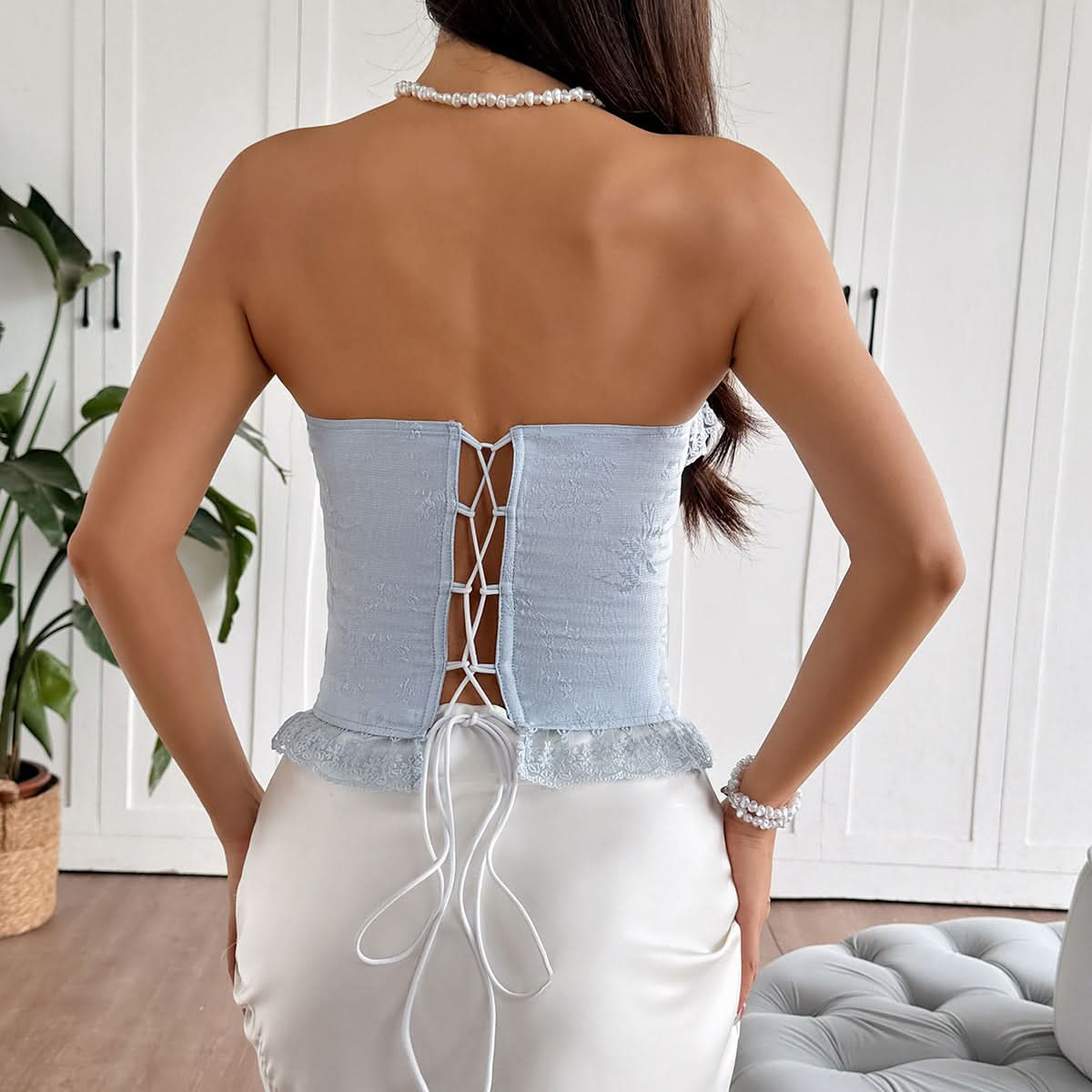 Bowknot lace hem corset lace up tube top  | Festival Outfits Women