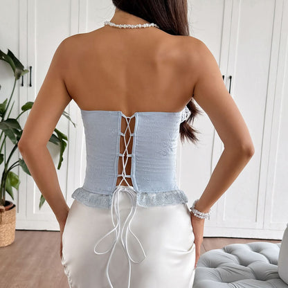 Bowknot lace hem corset lace up tube top  | Festival Outfits Women