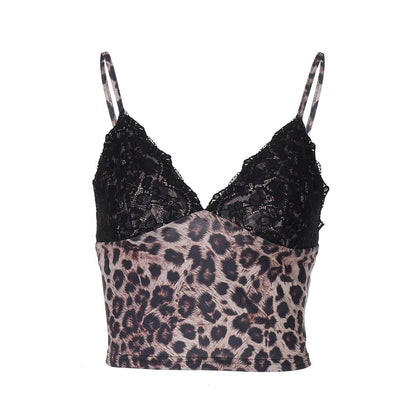 Leopard print v neck lace hem cami top  | Festival Outfits Women  | Cheetah Print Top