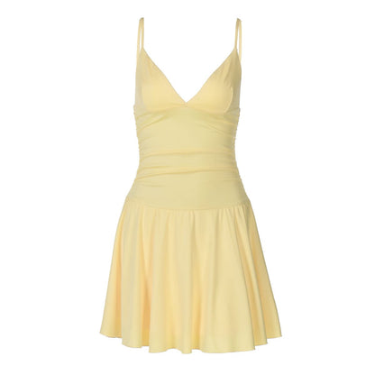 V neck ruched backless cami solid mini dress  | Festival Outfits Women