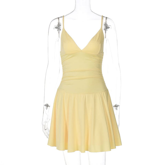 V neck ruched backless cami solid mini dress  | Festival Outfits Women