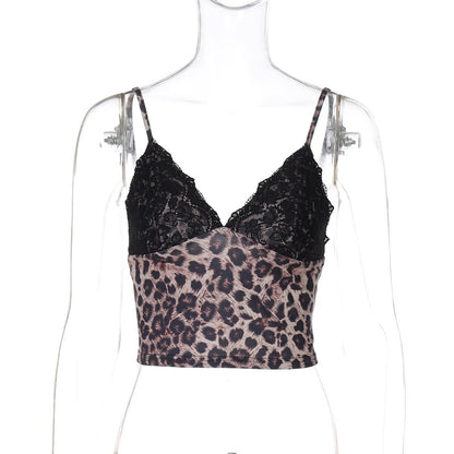 Leopard print v neck lace hem cami top  | Festival Outfits Women  | Cheetah Print Top