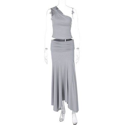 Irregular one shoulder ruched maxi skirt set  | Festival Outfits Women