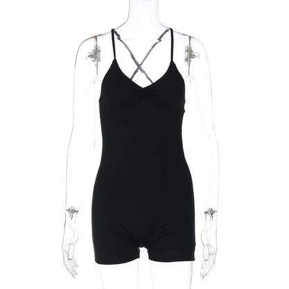Cross back ruched v neck cami romper  | Festival Outfits Women