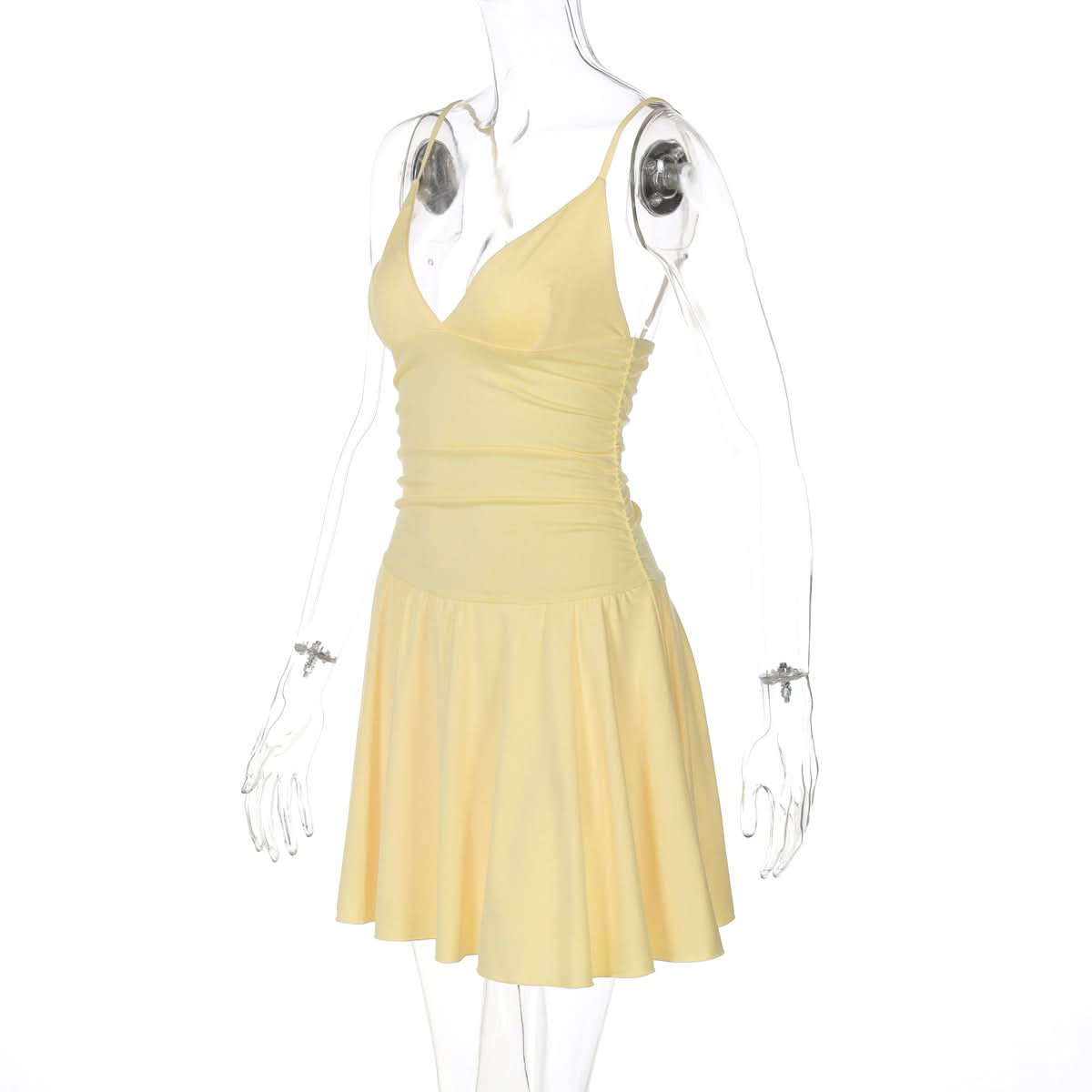 V neck ruched backless cami solid mini dress  | Festival Outfits Women