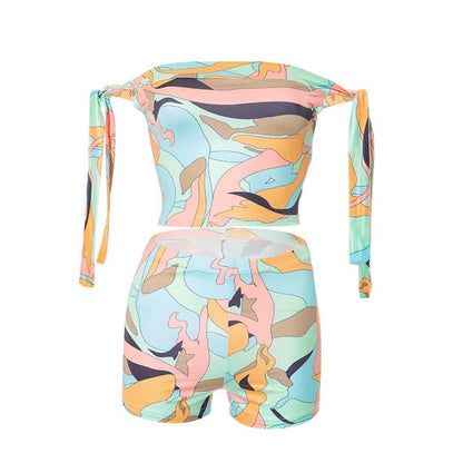 Off shoulder print self tie medium rise pant set  | Festival Outfits Women