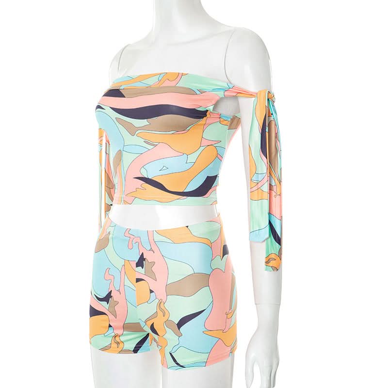 Off shoulder print self tie medium rise pant set  | Festival Outfits Women