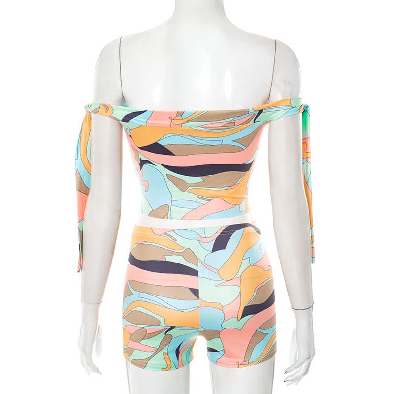 Off shoulder print self tie medium rise pant set  | Festival Outfits Women