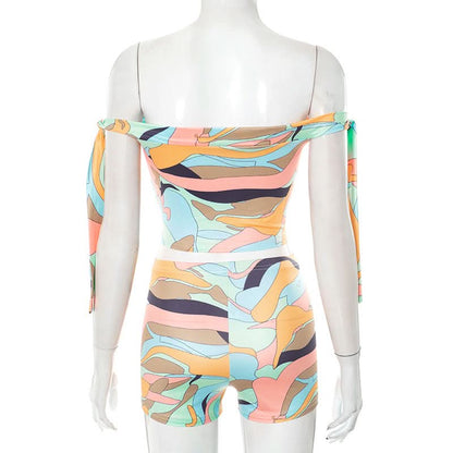 Off shoulder print self tie medium rise pant set  | Festival Outfits Women