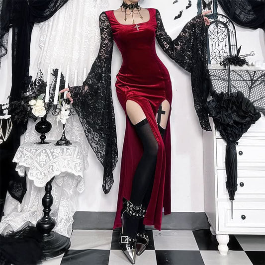 Long flared sleeve lace square neck slit midi dress  | Festival Outfits Women