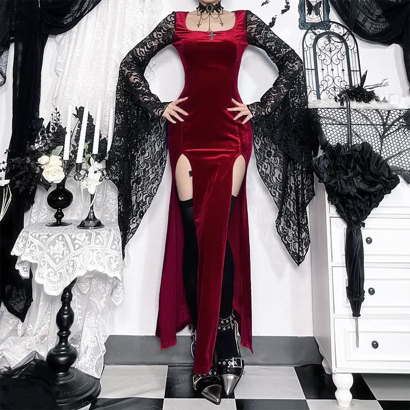 Long flared sleeve lace square neck slit midi dress  | Festival Outfits Women
