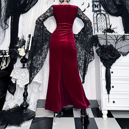 Long flared sleeve lace square neck slit midi dress  | Festival Outfits Women