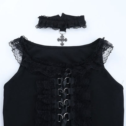 Lace hem lace up slit round neck top  | Festival Outfits Women