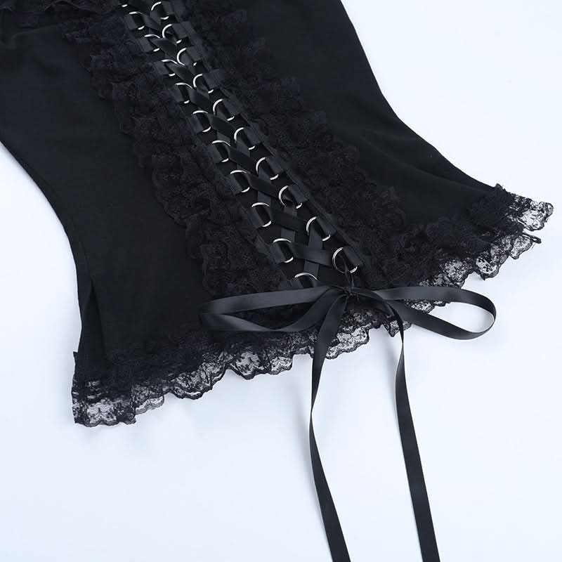 Lace hem lace up slit round neck top  | Festival Outfits Women