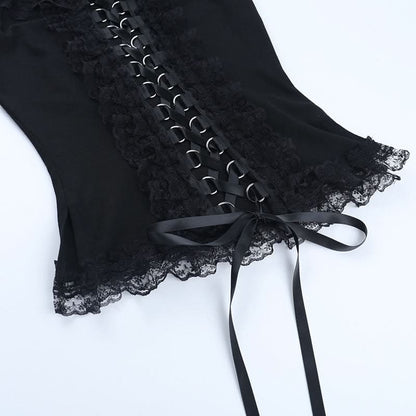 Lace hem lace up slit round neck top  | Festival Outfits Women