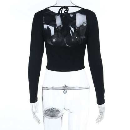 Long sleeve crewneck self tie backless top  | Festival Outfits Women
