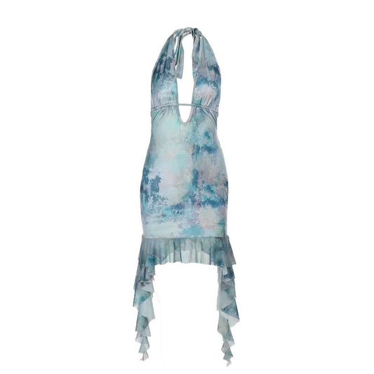 Print halter ruffle v neck self tie mini dress  | Festival Outfits Women