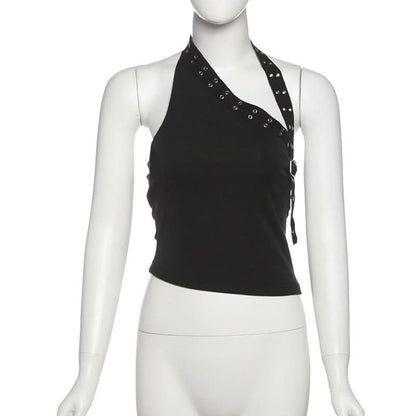 Halter irregular buckle solid backless top  | Festival Outfits Women