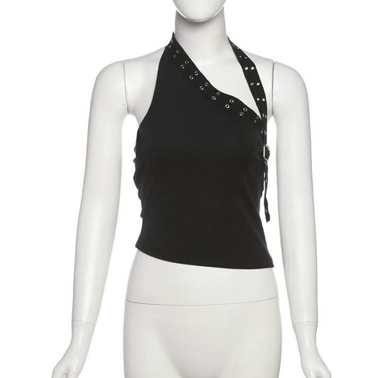 Halter irregular buckle solid backless top  | Festival Outfits Women
