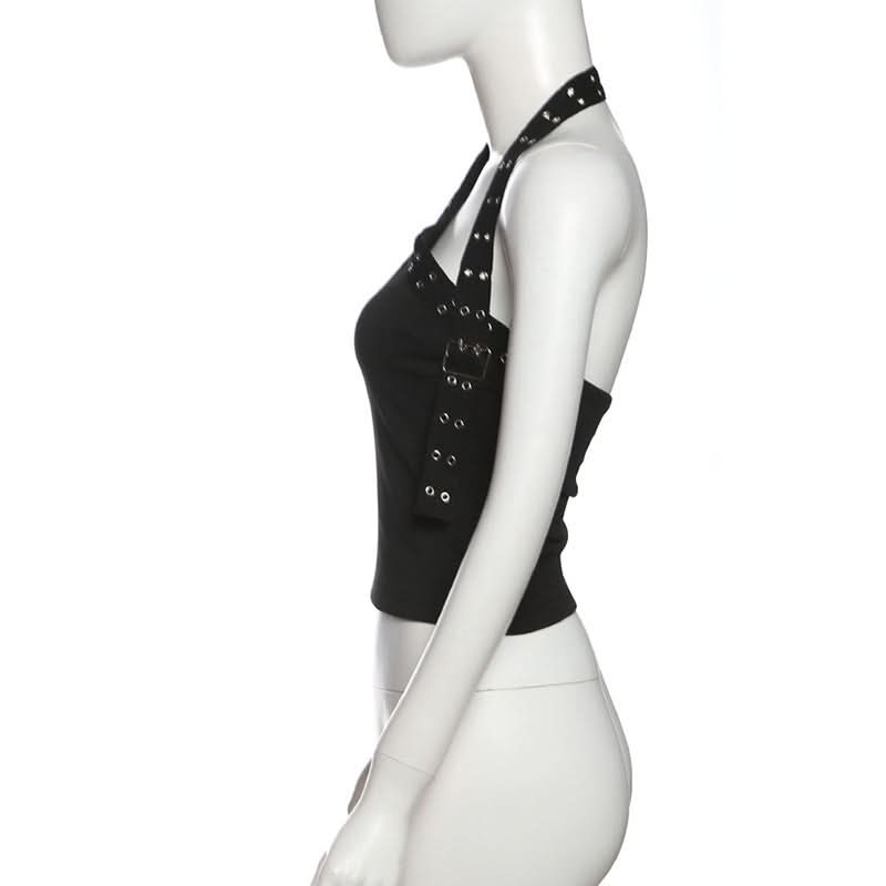 Halter irregular buckle solid backless top  | Festival Outfits Women
