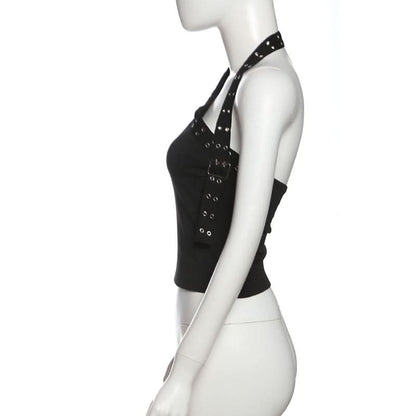 Halter irregular buckle solid backless top  | Festival Outfits Women