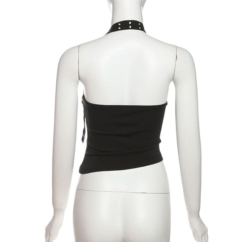 Halter irregular buckle solid backless top  | Festival Outfits Women