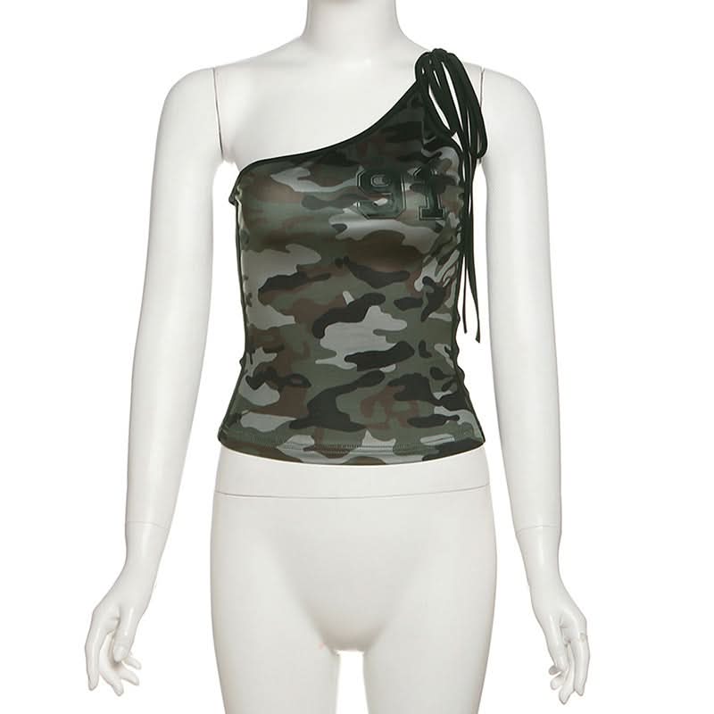 One shoulder self tie irregular camouflage top  | Festival Outfits Women