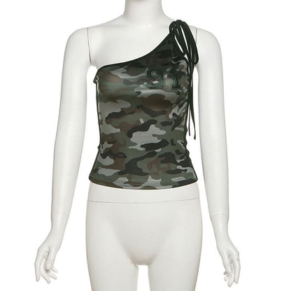 One shoulder self tie irregular camouflage top  | Festival Outfits Women