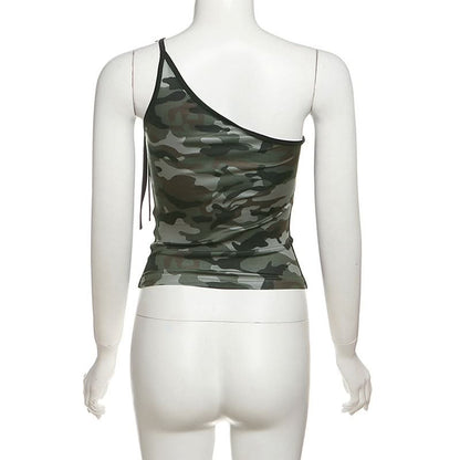 One shoulder self tie irregular camouflage top  | Festival Outfits Women