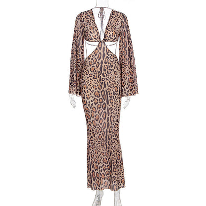 V neck leopard print long sleeve hollow out cut out maxi dress  | Festival Outfits Women